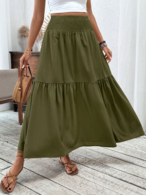 Army green ruffled smocked waist maxi skirt with tiered hem