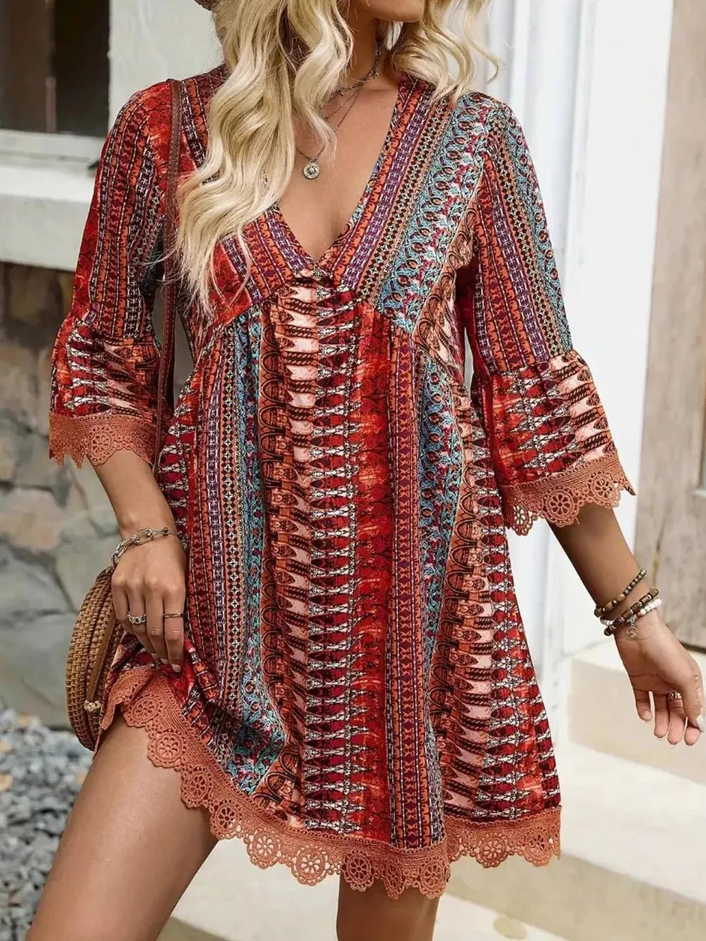 Bohemian printed red v-neck dress with bell sleeves and lace trim