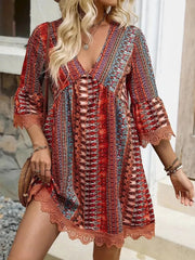 Bohemian printed red v-neck dress with bell sleeves and lace trim
