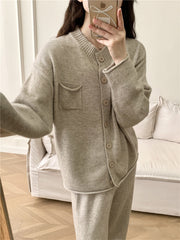 Taupe ribbed knit cardigan with pocket and matching wide leg pants set.