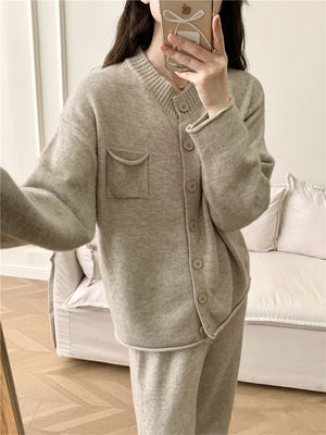 Taupe ribbed knit cardigan with pocket and matching wide leg pants set.