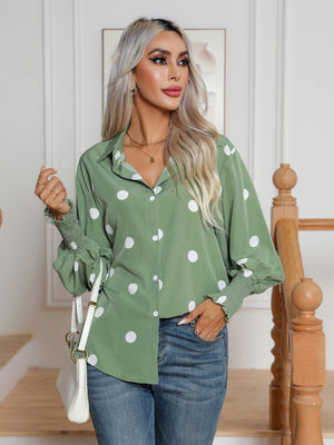 Light green polka dot blouse with shirred cuffs and button front