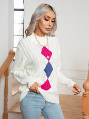 White argyle cable-knit mock neck sweater with pink and blue diamonds