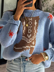 Light blue acrylic knit jumper with a brown and white intarsia western boot design and red accents.