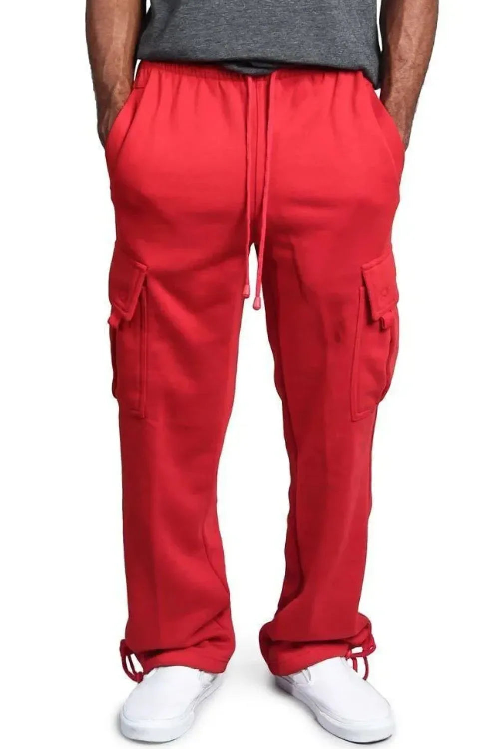Red fleece cargo lounge trousers with drawstring waist and ankle ties.