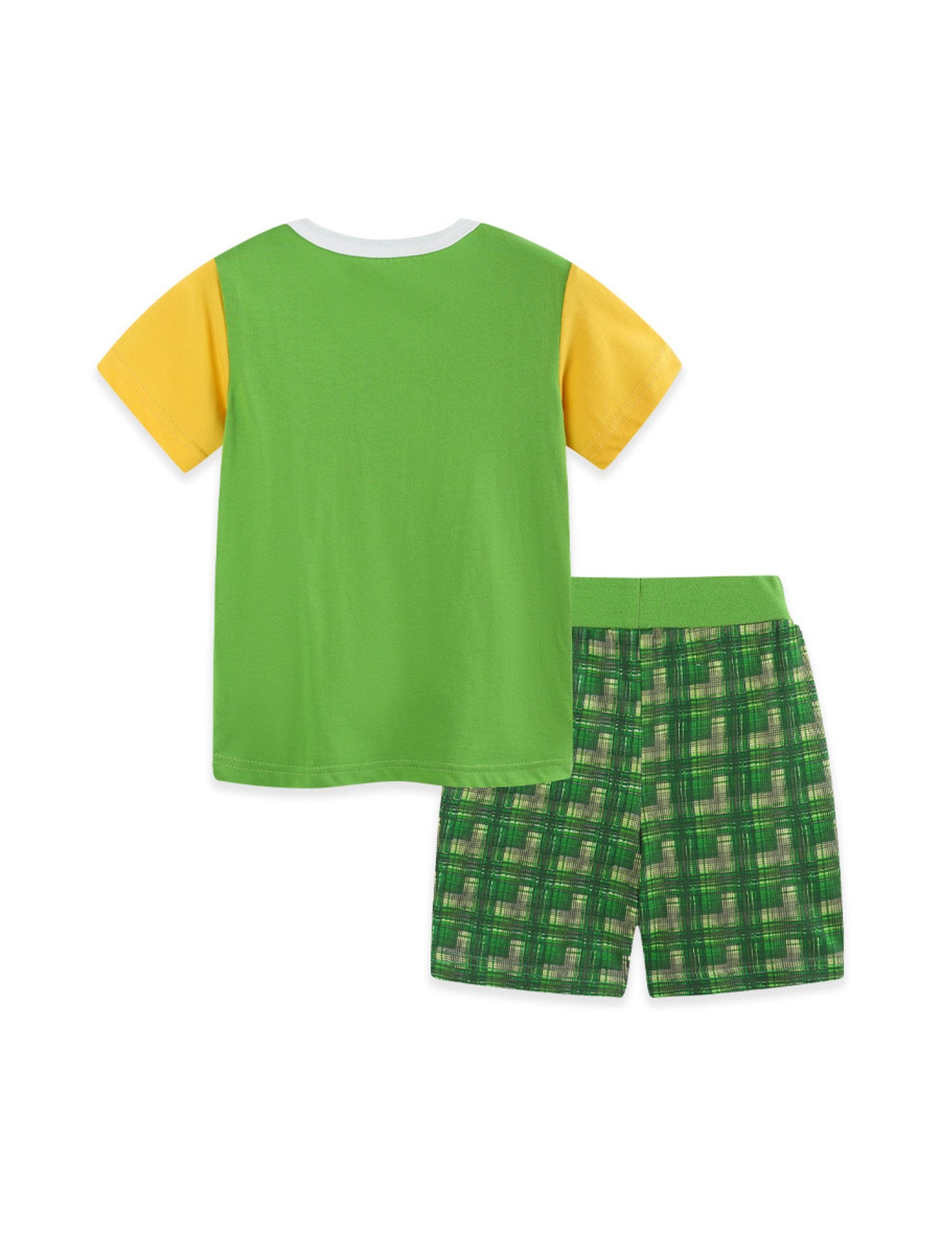 Baby boys green and yellow cotton tee with plaid shorts set