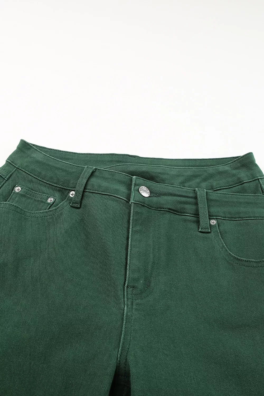 Green cotton jeans with crossed v-waist and straight leg cut.