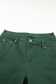 Green cotton jeans with crossed v-waist and straight leg cut.