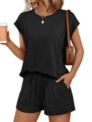 Black round neck cap sleeve loungewear set with drawstring shorts and pockets