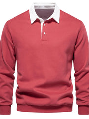 Strawberry long sleeve polo sweatshirt with white collar and two button placket