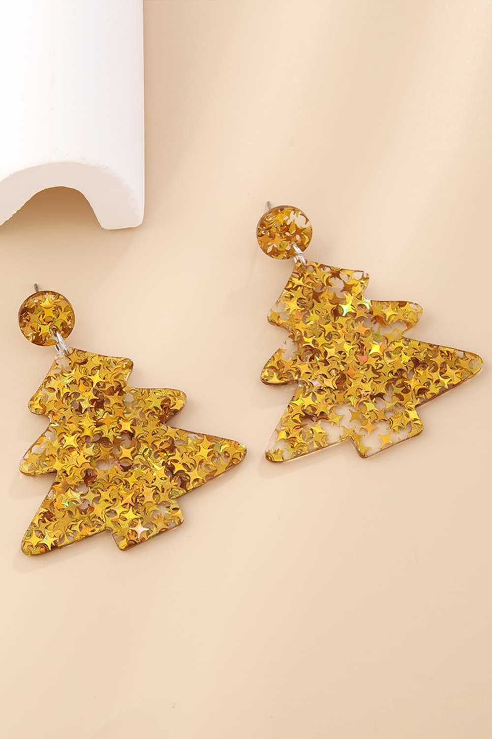 Gold acrylic Christmas tree drop earrings with star glitter detail