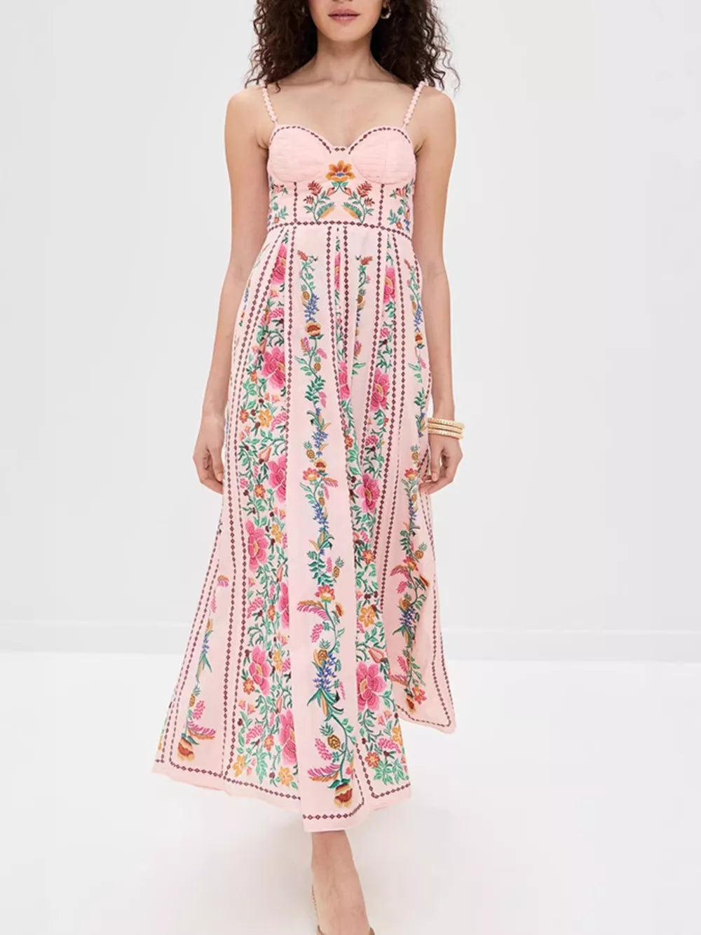 Pink floral sweetheart neckline midi dress with embroidered details.