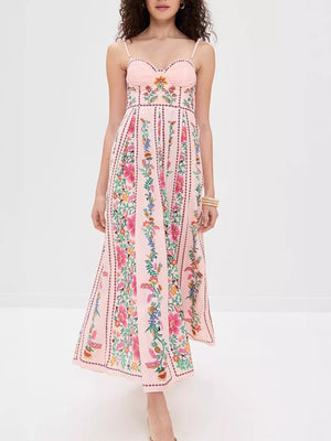 Pink floral sweetheart neckline midi dress with embroidered details.