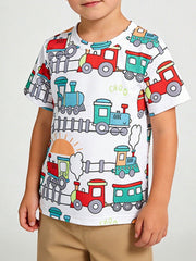 White toddler t-shirt with a playful all-over train print and short sleeves.