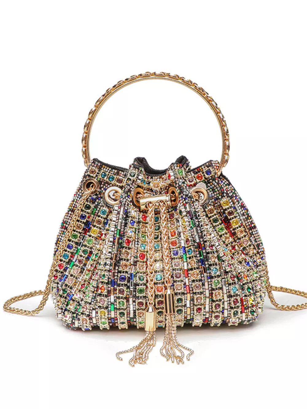 Multicolor rhinestone bucket bag with gold handle and chain strap.