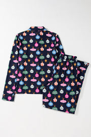 Navy blue lounge set with festive bauble print, long sleeves, and pants.