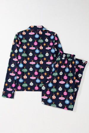 Navy blue lounge set with festive bauble print, long sleeves, and pants.