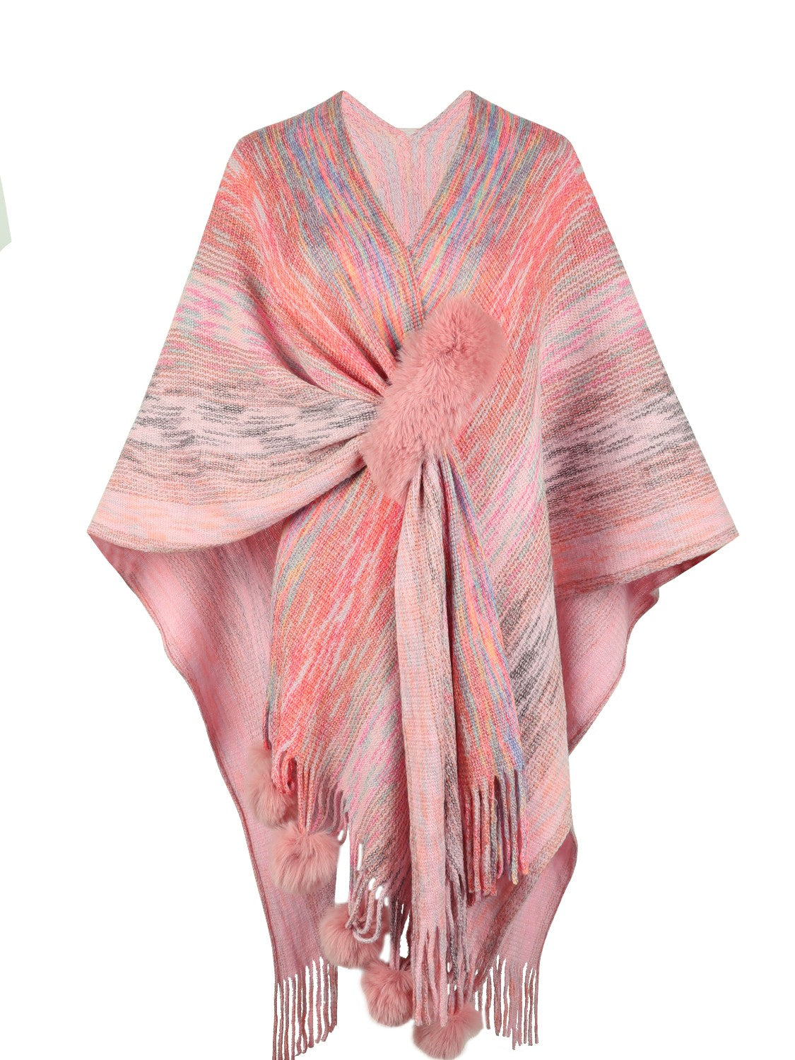 Pink knit wrap coat with multicolor stripes, faux fur accent and pom-pom fringe.