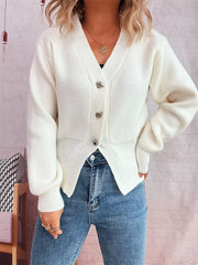 White ribbed V-neck button-through cardigan with silver buttons