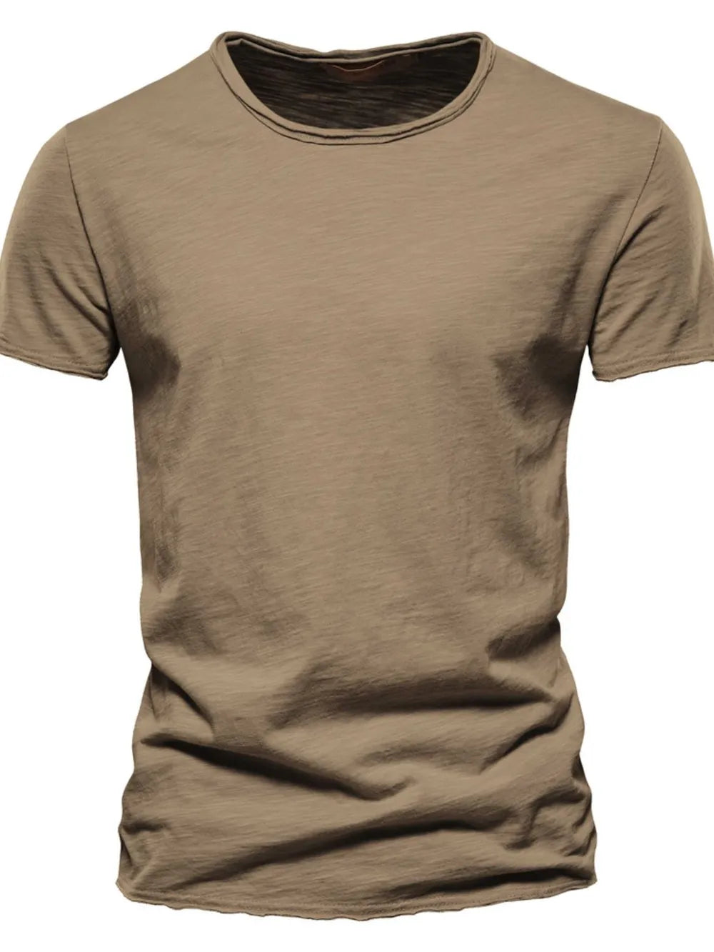 Textured slub cotton crewneck tee in Taupe with a distressed neckline.
