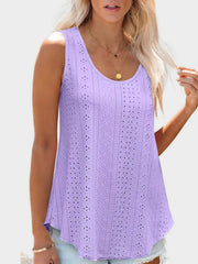 Lavender eyelet scoop-neck trapeze tank top with a breathable, casual cut.