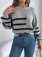 Gray striped knit sweater with a chest pocket and crew neck.