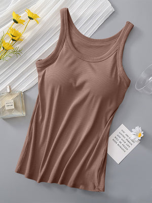 Khaki ribbed knit built-in bra tank top with scoop neckline and wide straps.