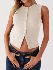 Eggshell ribbed knit button-down crop top with a round neckline and sleeveless design.