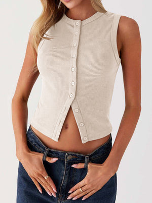 Eggshell ribbed knit button-down crop top with a round neckline and sleeveless design.