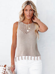 Dust Storm knit tank top with crochet neckline and tassel trim