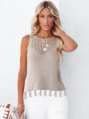 Dust Storm knit tank top with crochet neckline and tassel trim