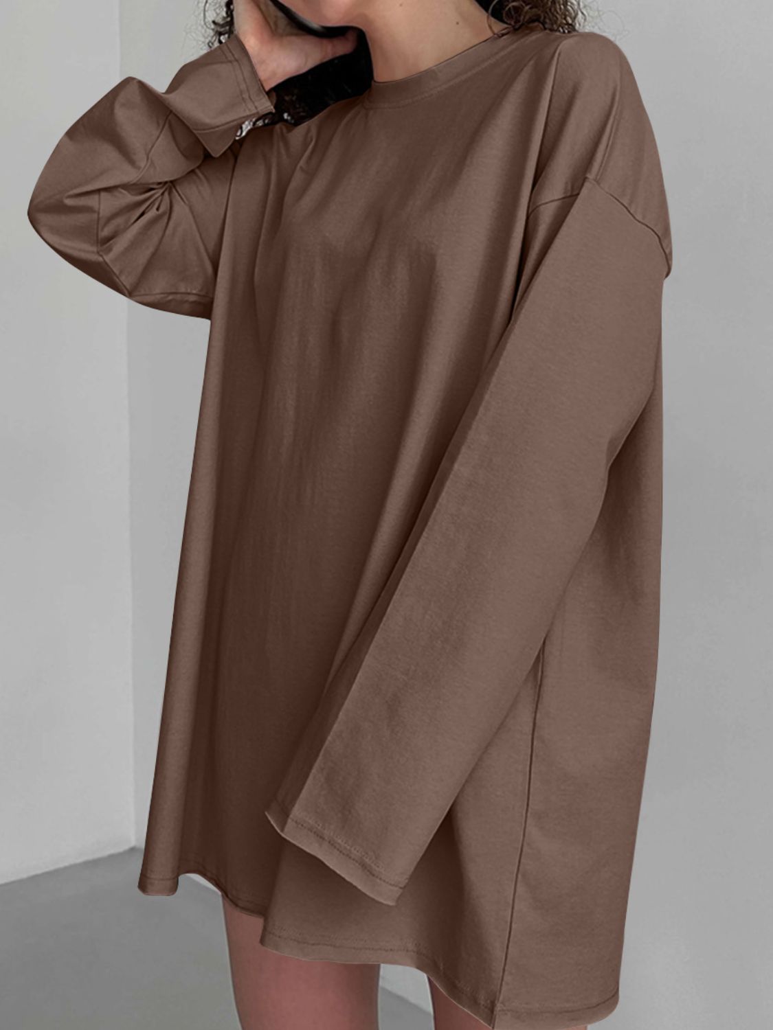 Oversized cotton jersey top in Khaki with long sleeves and a crew neck.