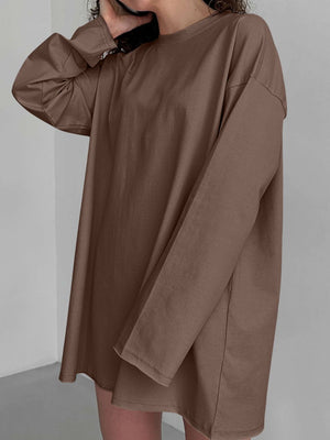 Oversized cotton jersey top in Khaki with long sleeves and a crew neck.
