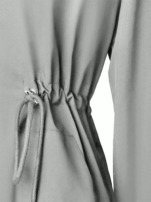 Light gray hooded jacket with drawstring waist detail