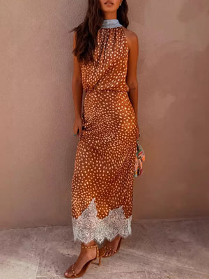 Brown polka dot halter top and lace trim skirt set with a high neckline.