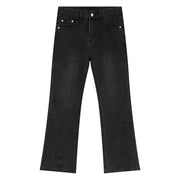 Black denim straight leg jeans with panel seam detailing and a slight flare.