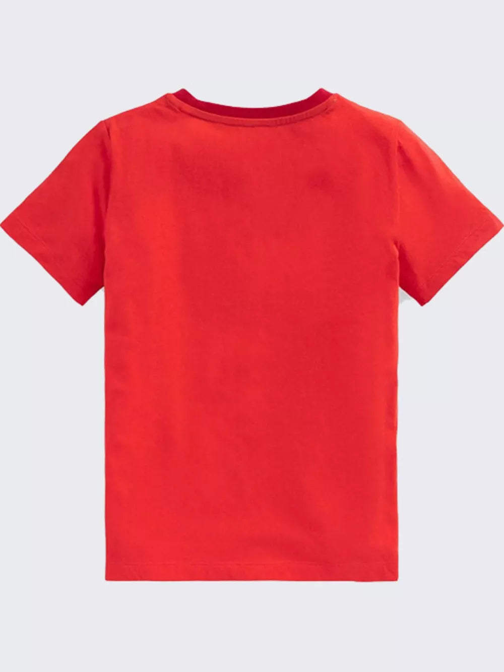 Red cotton t-shirt with short sleeves and crew neck, back view.
