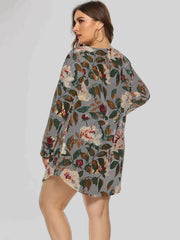 Botanical print trapeze mini dress in Gray Dawn with long sleeves and a V-neck.