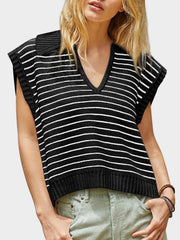 Black and white striped ribbed knit polo vest with a V-neck and collar.