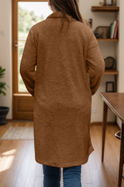 Brown teddy bear texture duster coat with single button closure, long sleeves, and collar.