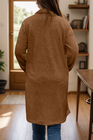 Brown teddy bear texture duster coat with single button closure, long sleeves, and collar.
