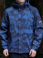 Blue camouflage windbreaker jacket with a hood and zip pockets.