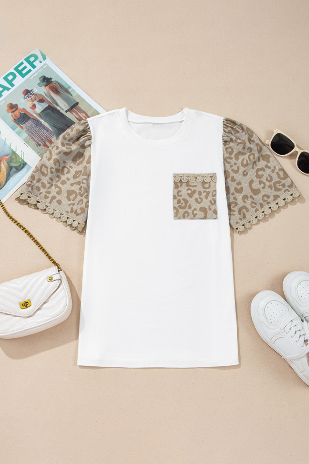 White cotton t-shirt with leopard print sleeves and lace trim, featuring a chest pocket.