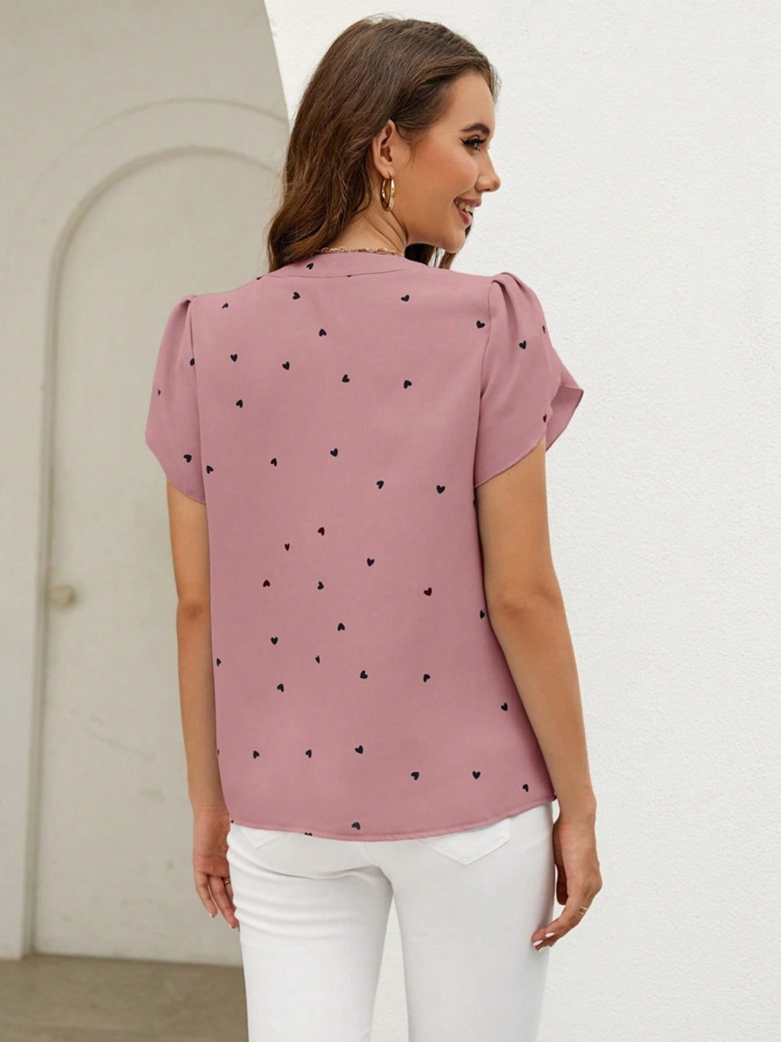 Dusty Pink heart print puff sleeve blouse with a V-neck