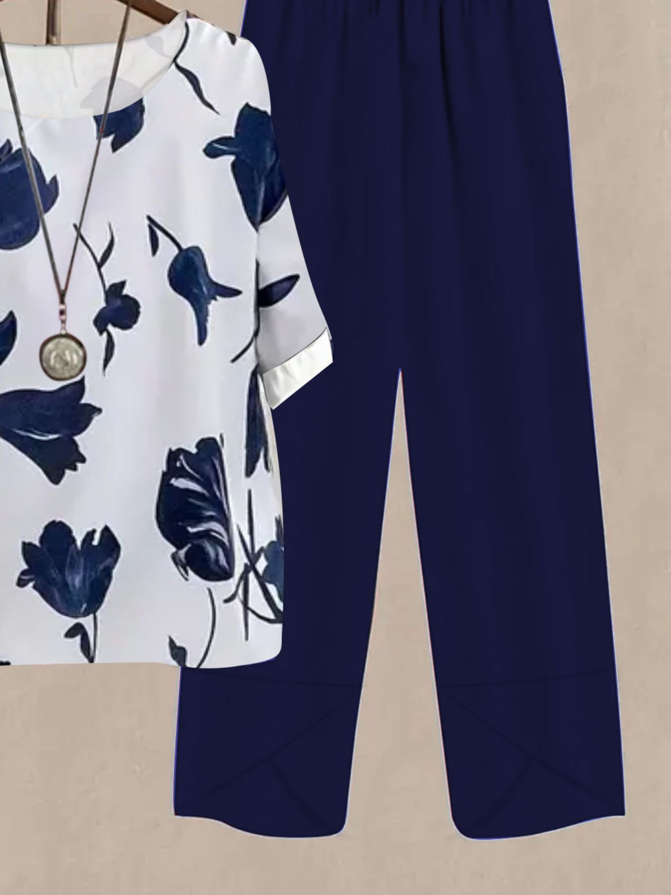 Floral print half sleeve top and navy blue pants set, women's casual outfit