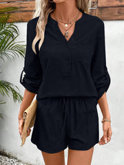 Black linen henley shirt with roll-tab sleeves and drawstring shorts set