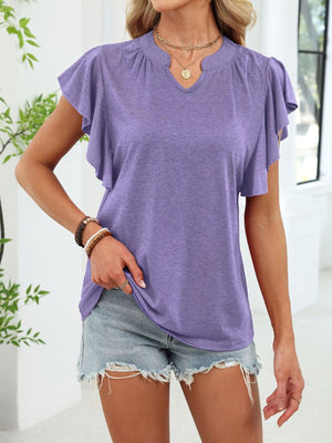 Purple ruffled sleeve tee with notched V-neck and gathered detail at shoulders.