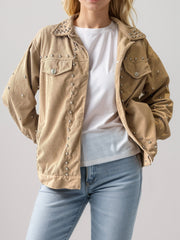 Tan corduroy studded overshirt with relaxed fit and collar