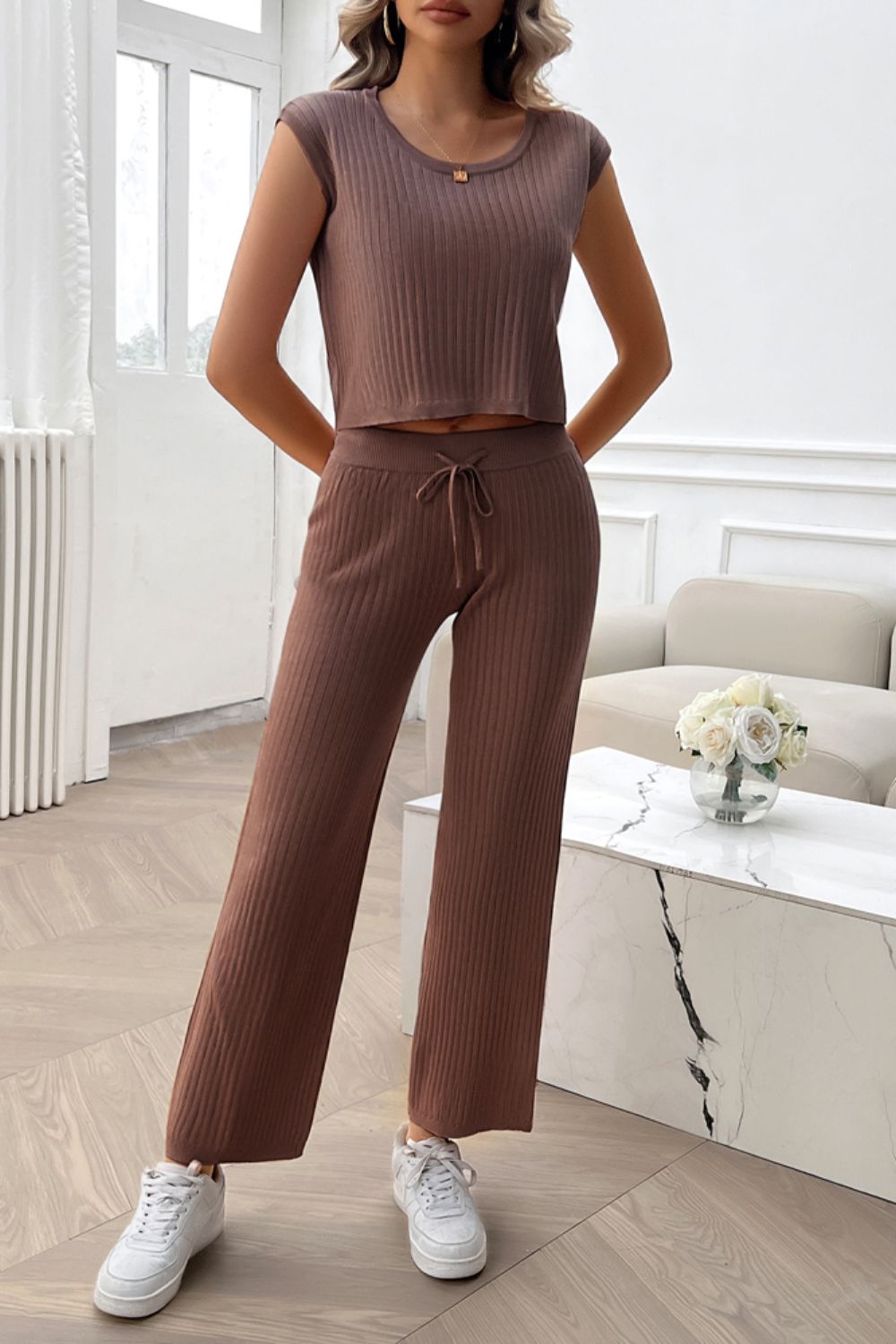 Brown ribbed knit cropped lounge set with cap sleeves and wide-leg pants with drawstring waist