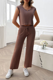Brown ribbed knit cropped lounge set with cap sleeves and wide-leg pants with drawstring waist